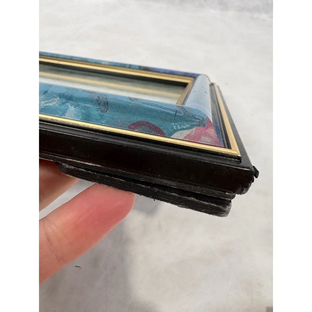 Vintage Blue Marbled Picture Frame Gold Trim Glass Tabletop 4x6 Photo Frame
